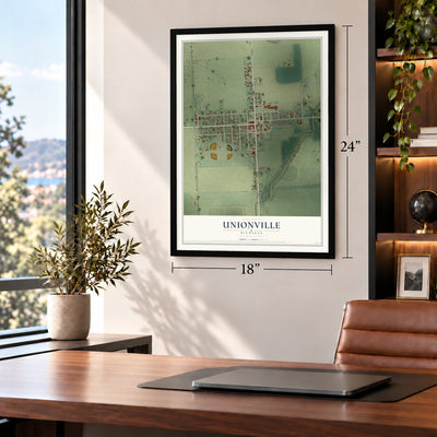 Unionville, Michigan map, 18 x 24 inch print in a black frame in a home office
