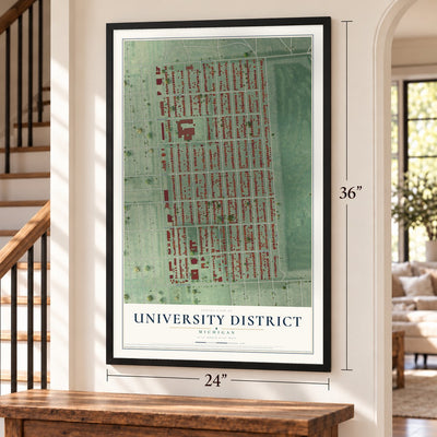 University District, Michigan map, 24 x 36 inch print in a black frame by a staircase
