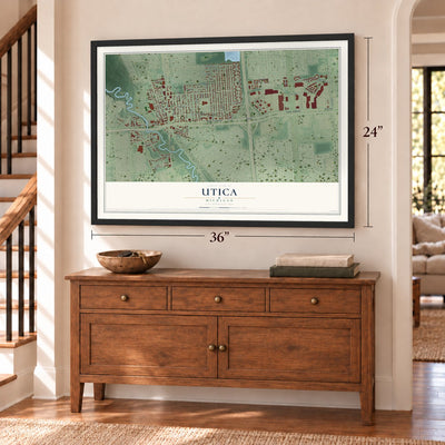 Utica, Michigan map, 24 x 36 inch print in a black frame above a dresser by a staircase
