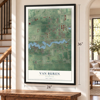 Van Buren, Michigan map, 24 x 36 inch print in a black frame by a staircase