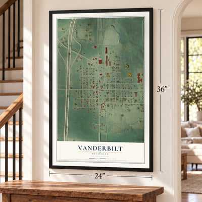 Vanderbilt, Michigan map, 24 x 36 inch print in a black frame by a staircase
