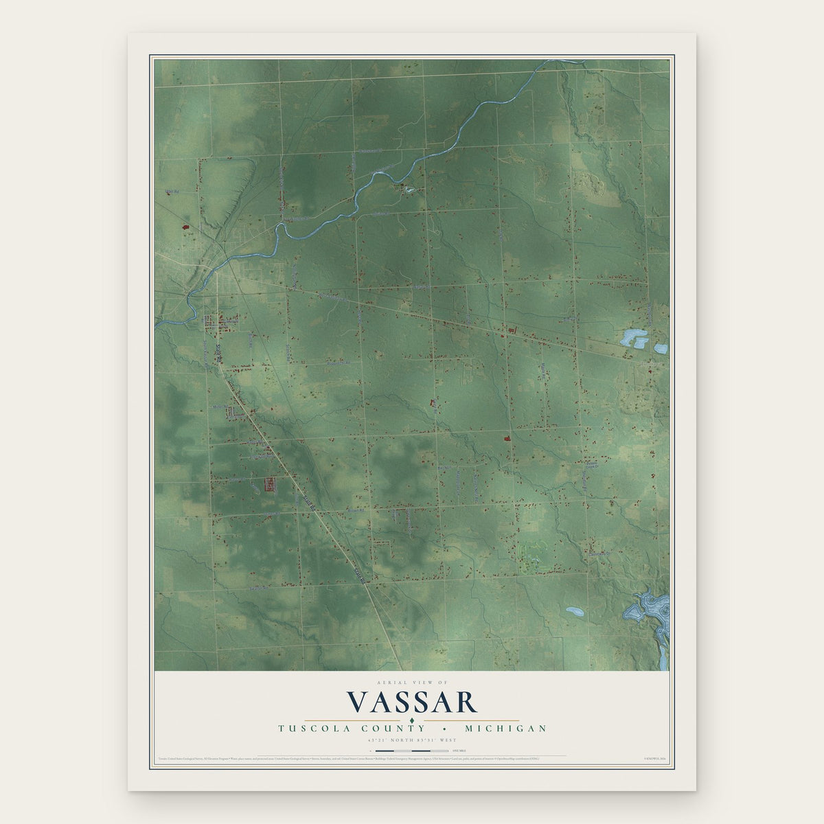 Vassar, Tuscola County, Michigan map print, the full design