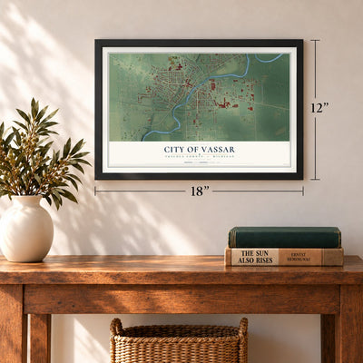 Vassar, Michigan map, 12 x 18 inch print in a black frame in an entryway