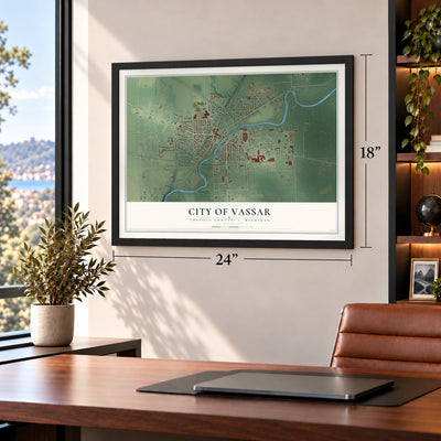 Vassar, Michigan map, 18 x 24 inch print in a black frame in a home office