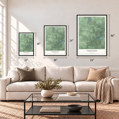 Vergennes, Michigan map in 12 x 18, 18 x 24 and 24 x 36 inch sizes above a sofa
