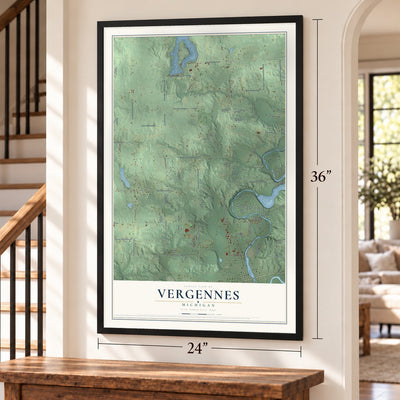 Vergennes, Michigan map, 24 x 36 inch print in a black frame by a staircase
