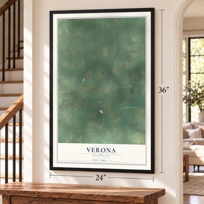 Verona, Michigan map, 24 x 36 inch print in a black frame by a staircase