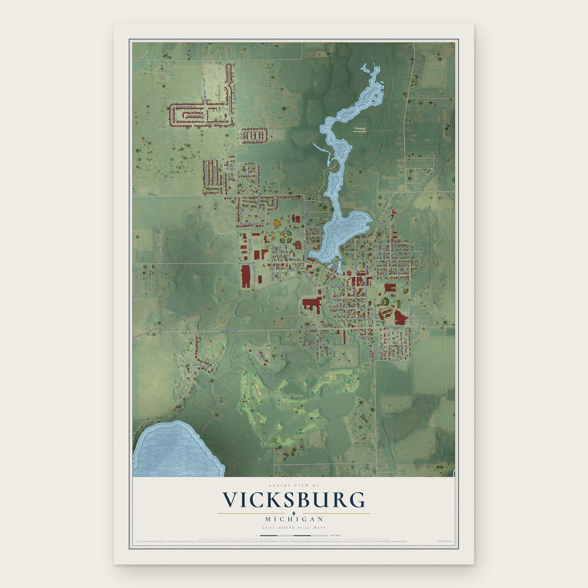 Vicksburg, Michigan map print, the full design