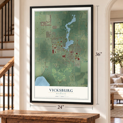 Vicksburg, Michigan map, 24 x 36 inch print in a black frame by a staircase