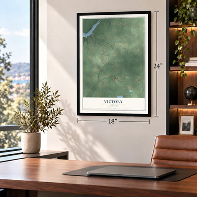 Victory, Michigan map, 18 x 24 inch print in a black frame in a home office