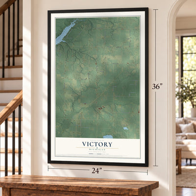 Victory, Michigan map, 24 x 36 inch print in a black frame by a staircase