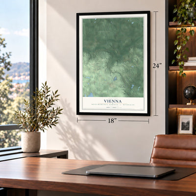 Vienna, Montmorency County, Michigan map, 18 x 24 inch print in a black frame in a home office
