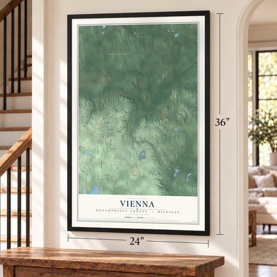 Vienna, Montmorency County, Michigan map, 24 x 36 inch print in a black frame by a staircase