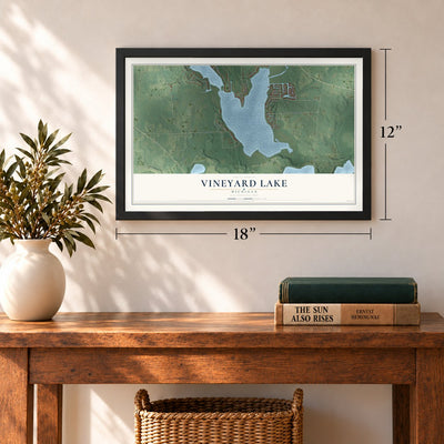 Vineyard Lake, Michigan map, 12 x 18 inch print in a black frame in an entryway