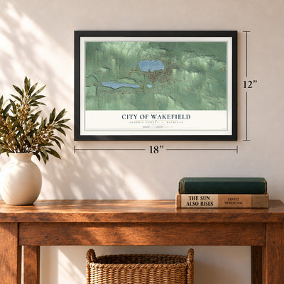 Wakefield, Michigan map, 12 x 18 inch print in a black frame in an entryway