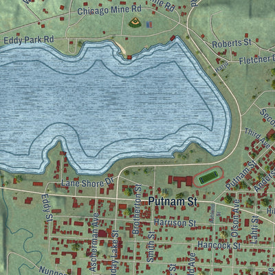 Close-up of the map of Wakefield, Michigan print showing street and building detail