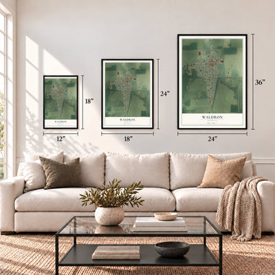 Waldron, Michigan map in 12 x 18, 18 x 24 and 24 x 36 inch sizes above a sofa