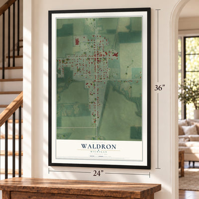 Waldron, Michigan map, 24 x 36 inch print in a black frame by a staircase