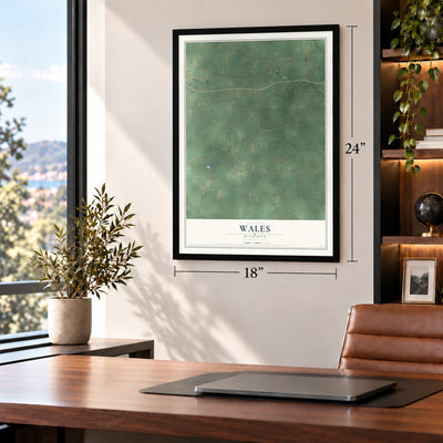Wales, Michigan map, 18 x 24 inch print in a black frame in a home office