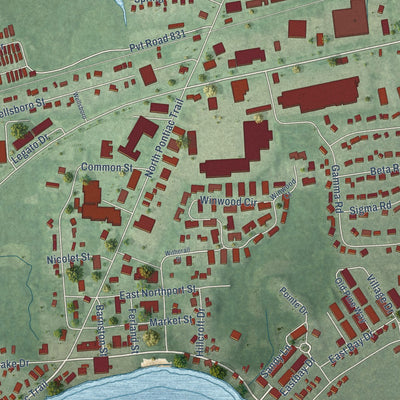 Close-up of the map of Walled Lake, Michigan print showing street and building detail