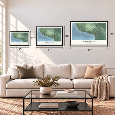 Walloon Lake, Michigan map in 12 x 18, 18 x 24 and 24 x 36 inch sizes above a sofa