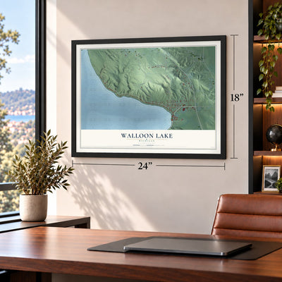 Walloon Lake, Michigan map, 18 x 24 inch print in a black frame in a home office