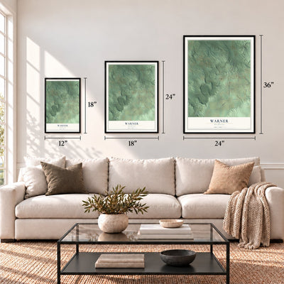 Warner, Michigan map in 12 x 18, 18 x 24 and 24 x 36 inch sizes above a sofa