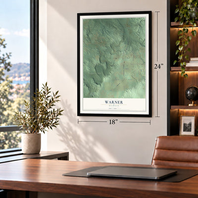 Warner, Michigan map, 18 x 24 inch print in a black frame in a home office