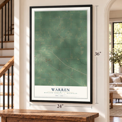Warren, Midland County, Michigan map, 24 x 36 inch print in a black frame by a staircase