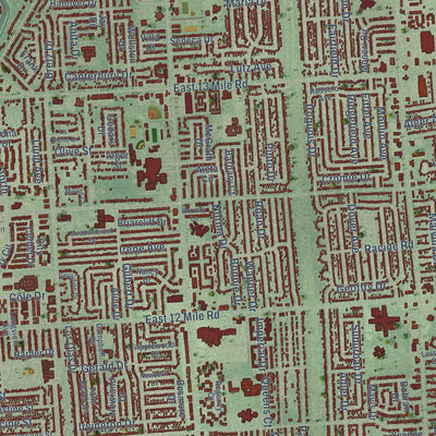 Close-up of the map of Warren, Macomb County, Michigan print showing street and building detail