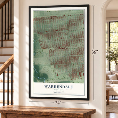 Warrendale, Michigan map, 24 x 36 inch print in a black frame by a staircase