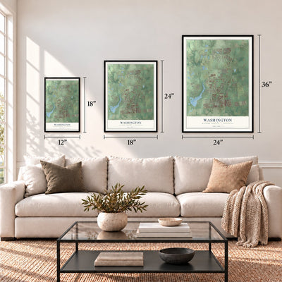 Washington, Macomb County, Michigan map in 12 x 18, 18 x 24 and 24 x 36 inch sizes above a sofa