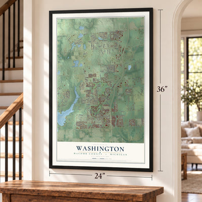 Washington, Macomb County, Michigan map, 24 x 36 inch print in a black frame by a staircase