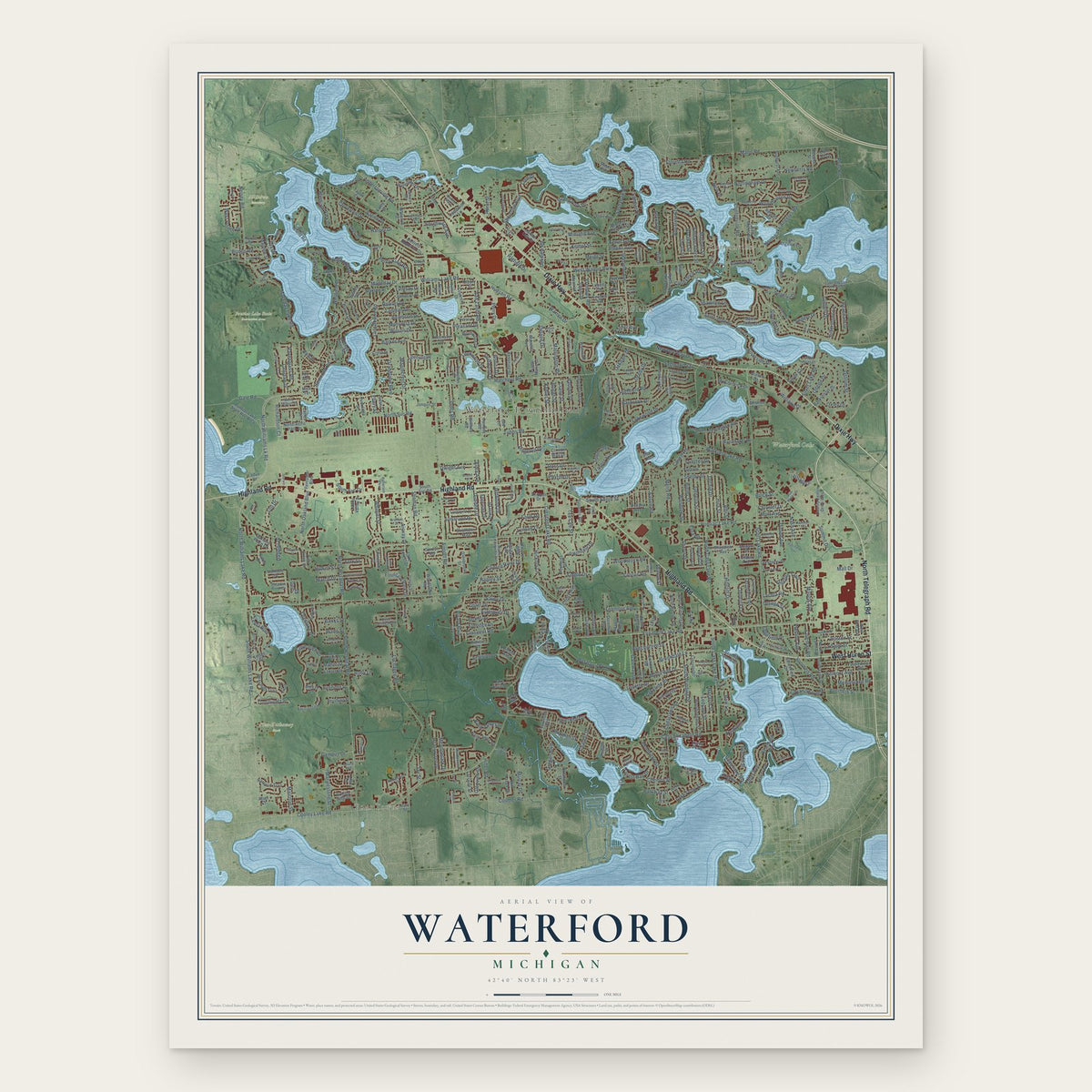 Waterford, Michigan map print, the full design