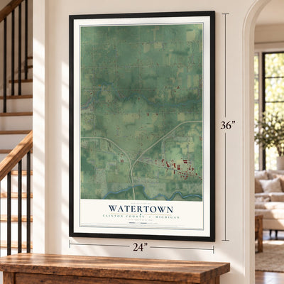 Watertown, Clinton County, Michigan map, 24 x 36 inch print in a black frame by a staircase