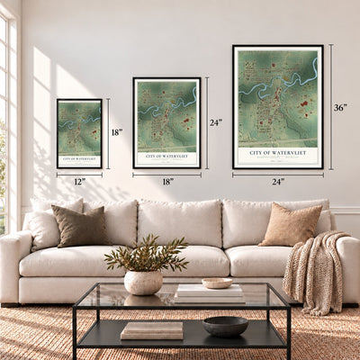 Watervliet, Michigan map in 12 x 18, 18 x 24 and 24 x 36 inch sizes above a sofa