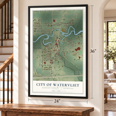 Watervliet, Michigan map, 24 x 36 inch print in a black frame by a staircase