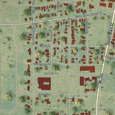Close-up of the map of Watervliet, Michigan print showing street and building detail