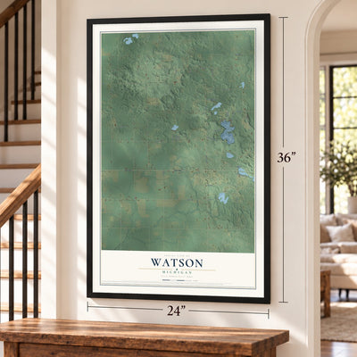 Watson, Michigan map, 24 x 36 inch print in a black frame by a staircase