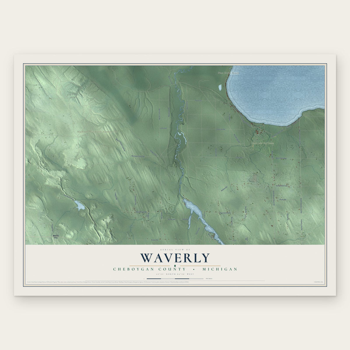 Waverly, Cheboygan County, Michigan map print, the full design