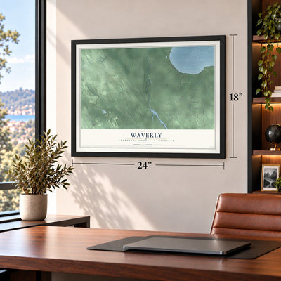 Waverly, Cheboygan County, Michigan map, 18 x 24 inch print in a black frame in a home office