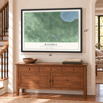 Waverly, Cheboygan County, Michigan map, 24 x 36 inch print in a black frame above a dresser by a staircase