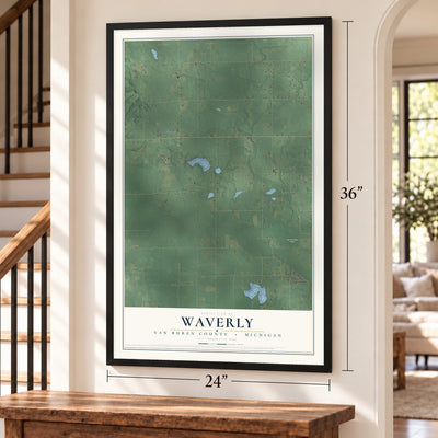 Waverly, Van Buren County, Michigan map, 24 x 36 inch print in a black frame by a staircase