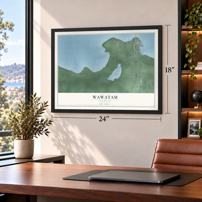 Wawatam, Michigan map, 18 x 24 inch print in a black frame in a home office