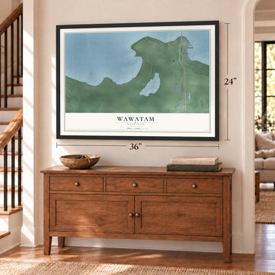 Wawatam, Michigan map, 24 x 36 inch print in a black frame above a dresser by a staircase
