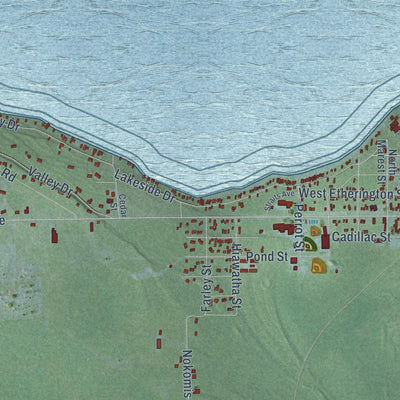 Close-up of the map of Wawatam, Michigan print showing street and building detail