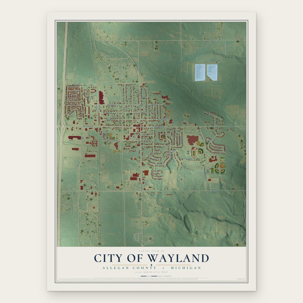 Wayland, Michigan map print, the full design