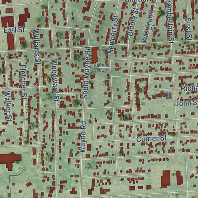 Close-up of the map of Wayne, Wayne County, Michigan print showing street and building detail