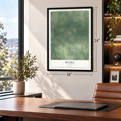 Weare, Michigan map, 18 x 24 inch print in a black frame in a home office
