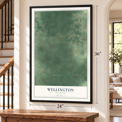 Wellington, Michigan map, 24 x 36 inch print in a black frame by a staircase